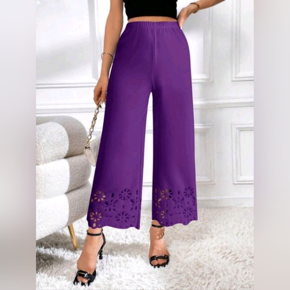 Women Elastic Waist Hollow Design Wide Leg Loose Pants - Picture 1 of 5